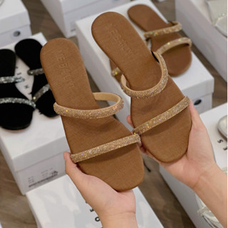 Dép Quai Ngang Nữ Mũi Tròn 2 Quai Ngang Đính Dây Đá Xoàn Đế Bệt Thời Trang -T007