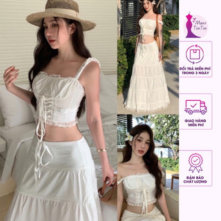 [New] Set đầm váy áo hai dây crop trắng đan dây trễ vai mix kèm chân váy dáng dài nàng thơ dễ thương-MaxiTinTin
