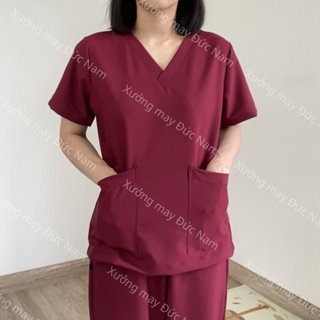 Đồng Phục Spa màu Đỏ Đô CAO CẤP, Scrubs, Blouse Nữ quần áo cổ tim Dược sĩ, Điều dưỡng hàng đẹp