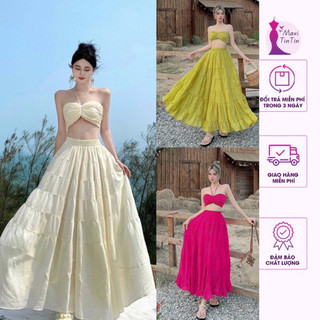 [Sẵn Hoả Tốc] Set Maxi váy đi biển ba món cổ yếm chân váy xoè rộng tặng bikini quyến rũ-MaxiTinTin