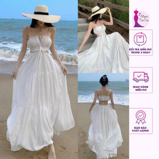 [New] Đầm váy maxi đi biển 2S phối bèo cut eo hơ lưng basic dáng xoè chất đũi sẵn mút phong cách sành điệu-MaxiTinTin