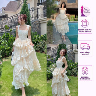 [New Maxi] Đầm váy tiểu thư công chúa ren nổi hoạ tiết viền bèo tầng dáng xoè phong cách nhẹ nhàng quý phái-MaxiTinTin