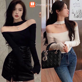 Áo thun bẹt vai tay dài dây cổ yếm cuốn hút A206