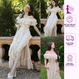 [Sẵn Hoả Tốc] Đầm maxi đi biển đi tiệc trễ vai viền bèo dáng xoè thướt tha quyến rũ tinh tế-MaxiTinTin