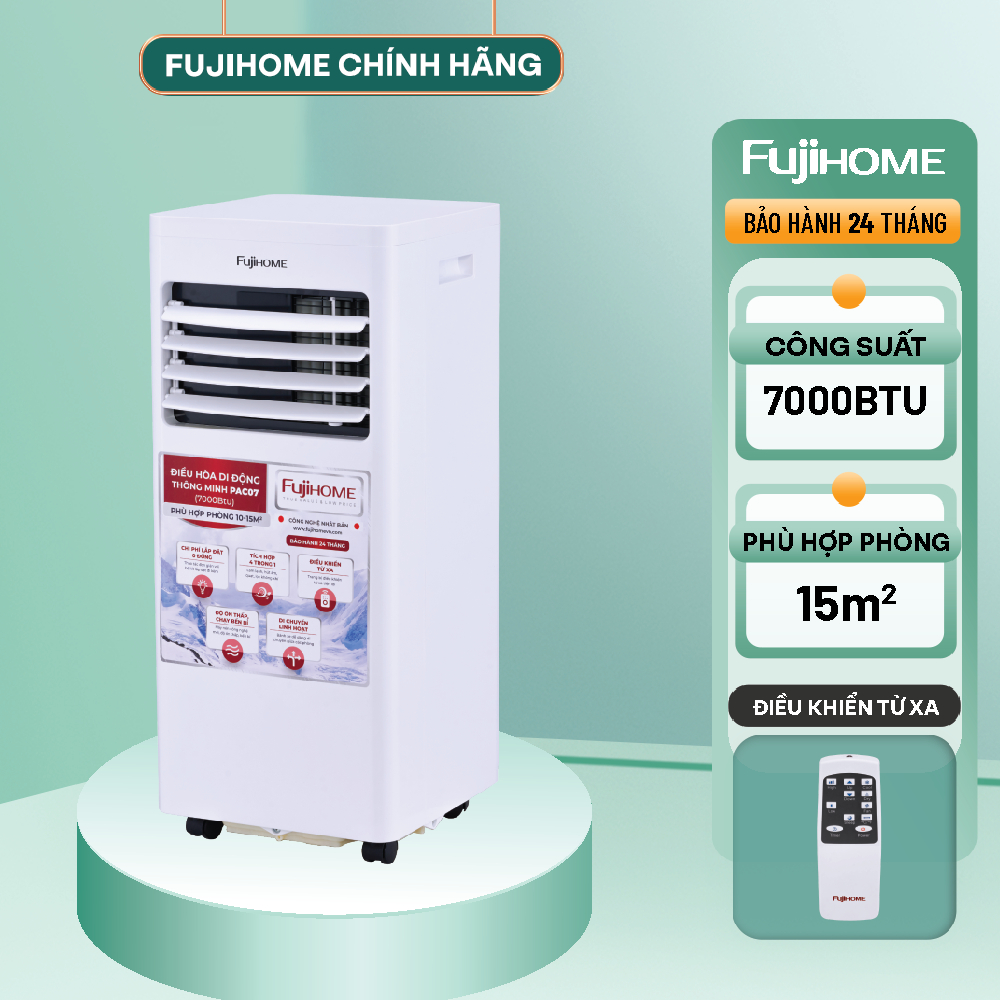 Máy lạnh di động nhập khẩu FUJIHOME PAC07 công suất làm lạnh 7000BTU đến 12000BTU bảo hành 24 tháng