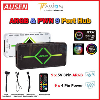  Hub controller quạt Fan case LED ARGB AUSEN   LEOPARD - 9 cổng 4 pin PWM kết hợp 9 cổng Led 3 pin 5V-ARGB đồng bộ Main 