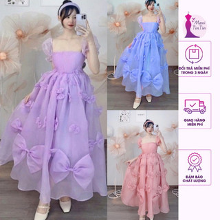 [BIGSIZE] Đầm maxi đi biển đi tiệc voan tơ kiếng tay phồng kết siêu nơ siêu xinh cho các nàng thơ công chúa-MaxiTinTin