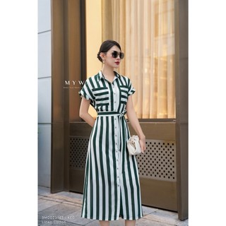  Đầm Sơ Mi Kẻ Nữ MY WAY Công Sở Cổ Đức Tay Ngắn Kèm Đai Cao Cấp 9MD02314TW - KE0 