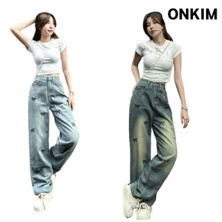 Quần bò suông ONKIM thêu 5 nơ nhỏ mặt trước lưng cao dáng dài chuẩn phom Hàn Quốc