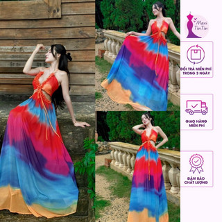 Đầm maxi đi biển omber loang cổ yếm viền bèo dáng xoè to