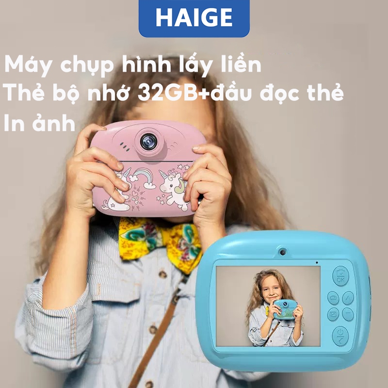 HAIGE Máy Ảnh Kỹ Thuật Số Mini, in ảnh nhanh chóng, gửi quà cho trẻ em,Với thẻ nhớ và đầu đọc thẻ 32Gb