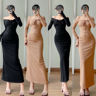 Đầm Body Maxi Trễ Vai Xếp Li Draping Dáng Đuôi Cá Ôm Body Sexy