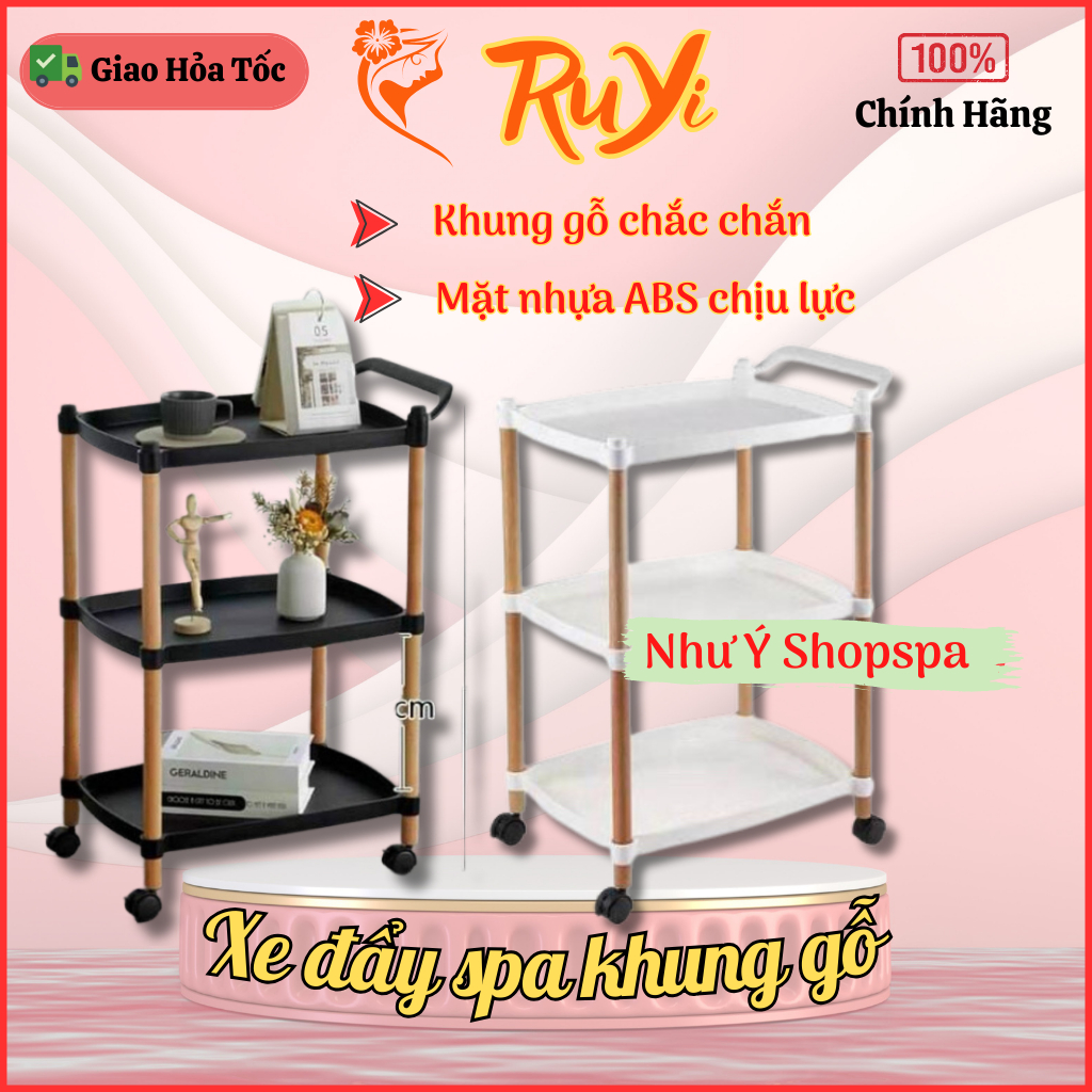 Xe đẩy Spa trụ gỗ chắc chắn | Xe đẩy đa năng spa mặt nhựa ABS | Kệ spa 3 tầng