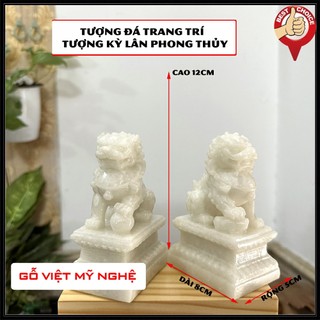 Tượng đá trang trí phong thủy Cặp 2 tượng Kỳ Lân trang trí phong thủy - Chiều Cao 12cm - Màu trắng đá non nước