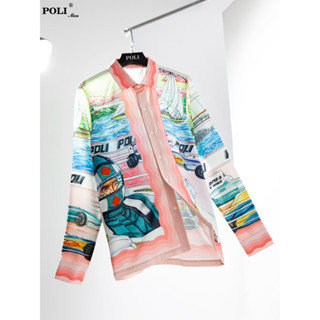 Áo sơ mi nam dài tay thương hiệu POLI MAN màu sắc trắng xanh hoa văn