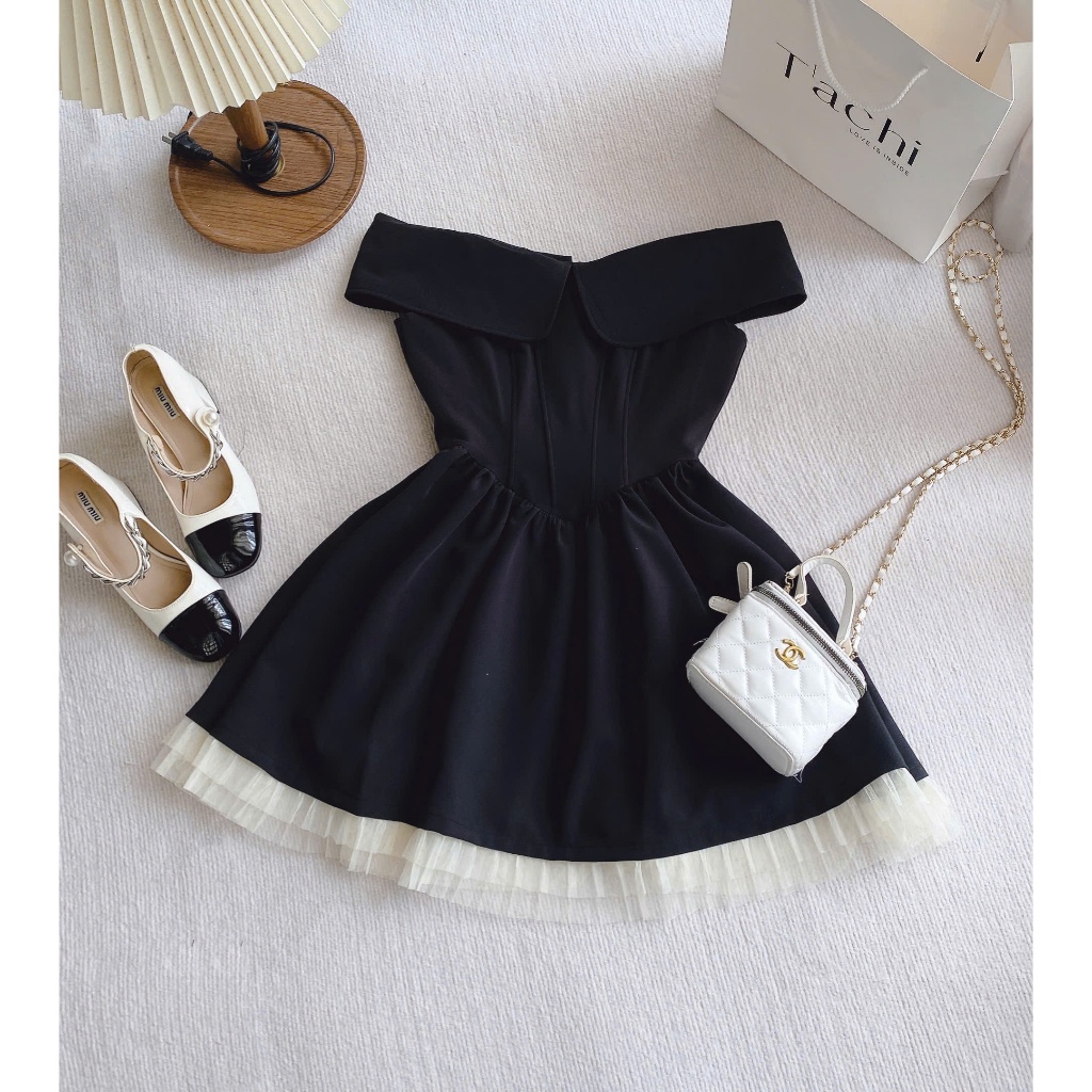 Đầm trễ vai nữ đen phối voan kem Aster Dress | BigBuy360 - bigbuy360.vn