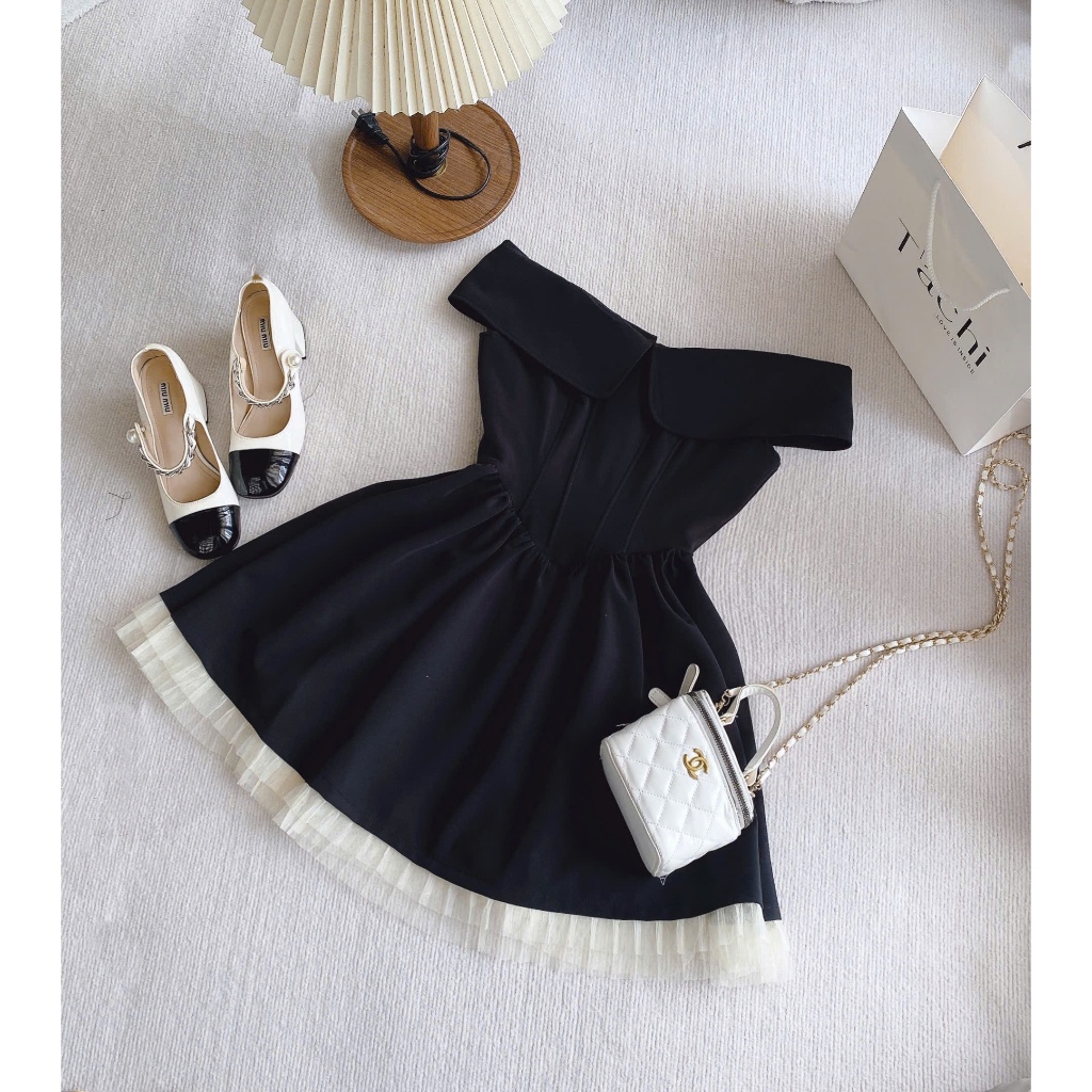 Đầm trễ vai nữ đen phối voan kem Aster Dress | BigBuy360 - bigbuy360.vn