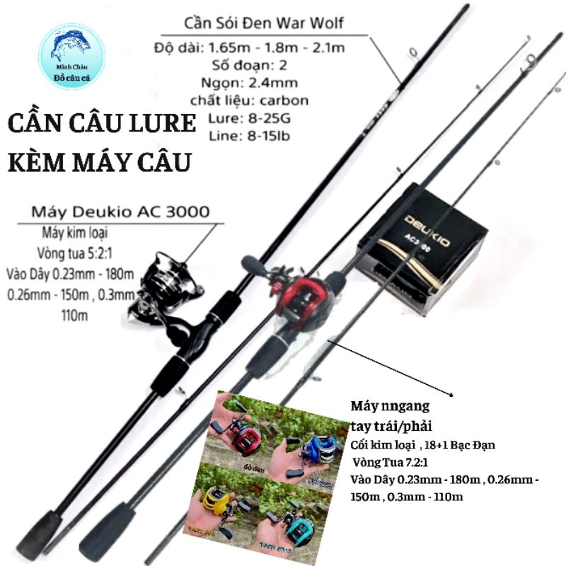 Bộ cần câu lure Sói Đen kèm máy ngang máy đứng giá rẻ dài 1m65 1m8 2m1 làm bằng cacbon