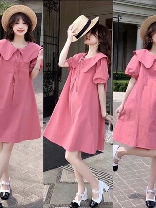 Váy bầu cộc tay babydoll tay ngắn phồng cổ sen tiểu thư B073, đầm bầu form suông rộng thoải mái