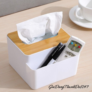 Hộp Đựng Giấy Ăn Để Bàn Có Ngăn Để Đồ Đa Năng, Hộp Khăn Giấy Nắp Gỗ