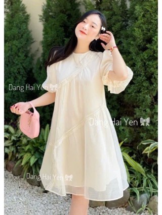 Váy bầu Babydoll dáng suông rộng, đầm bầu tay ngắn phồng cổ tròn vải voan lụa đi tiệc sang chảnh B01