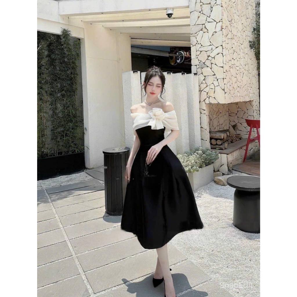 Đầm dự tiệc dáng xòe phối voan trễ vai đính hoa Hirin Dress