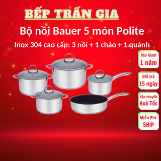 Bộ nồi từ inox, Bộ nồi chảo từ Bauer Polite 5 món vung kính, Nồi từ hiệu suất cao dành cho bếp từ