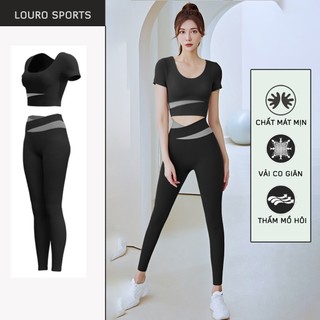 Đồ tập gym nữ , đồ gym nữ gồm áo tập gym cộc tay và quần tập gym dài cạp cao
