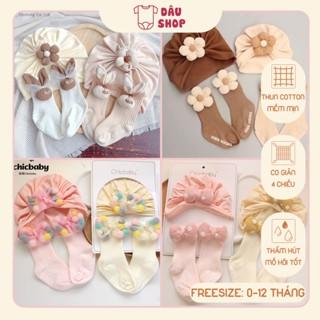 Set Turban kèm tất cho bé gái, bé trai, Tất cổ cao thun cotton họa tiết Nơ Hoa dễ thương, freesize 0-12 tháng. Dâu Shop