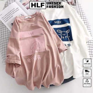 Áo thun tay lỡ form rộng Thỏ Happy - Sad siêu đẹp, áo phông form rộng size HLFashion