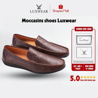 Giày lười nam da bò cao cấp đế khâu LuxWear Moccasins shoes màu nâu bảo hành 12 tháng GM02