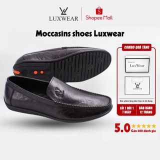 Giày lười nam da bò cao cấp đế khâu LuxWear Moccasins shoes màu đen bảo hành 12 tháng GM01