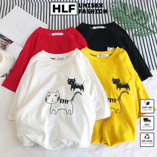Áo thun tay lỡ form rộng 2 chú mèo ngây ngô, áo phông form rộng size HLFashion
