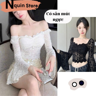 Áo ren kiểu nữ tay dài ống loe cổ vuông có mút ngực Nquin, Áo kiểu nữ mặc được 2 kiểu phong cách sexy quyến rũ