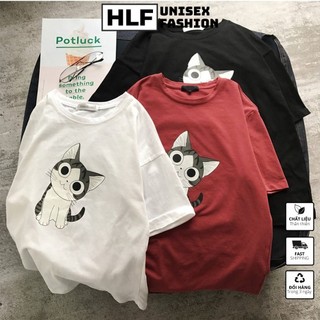 Áo thun tay lỡ form rộng Mèo đáng yêu, áo phông form rộng size HLFashion