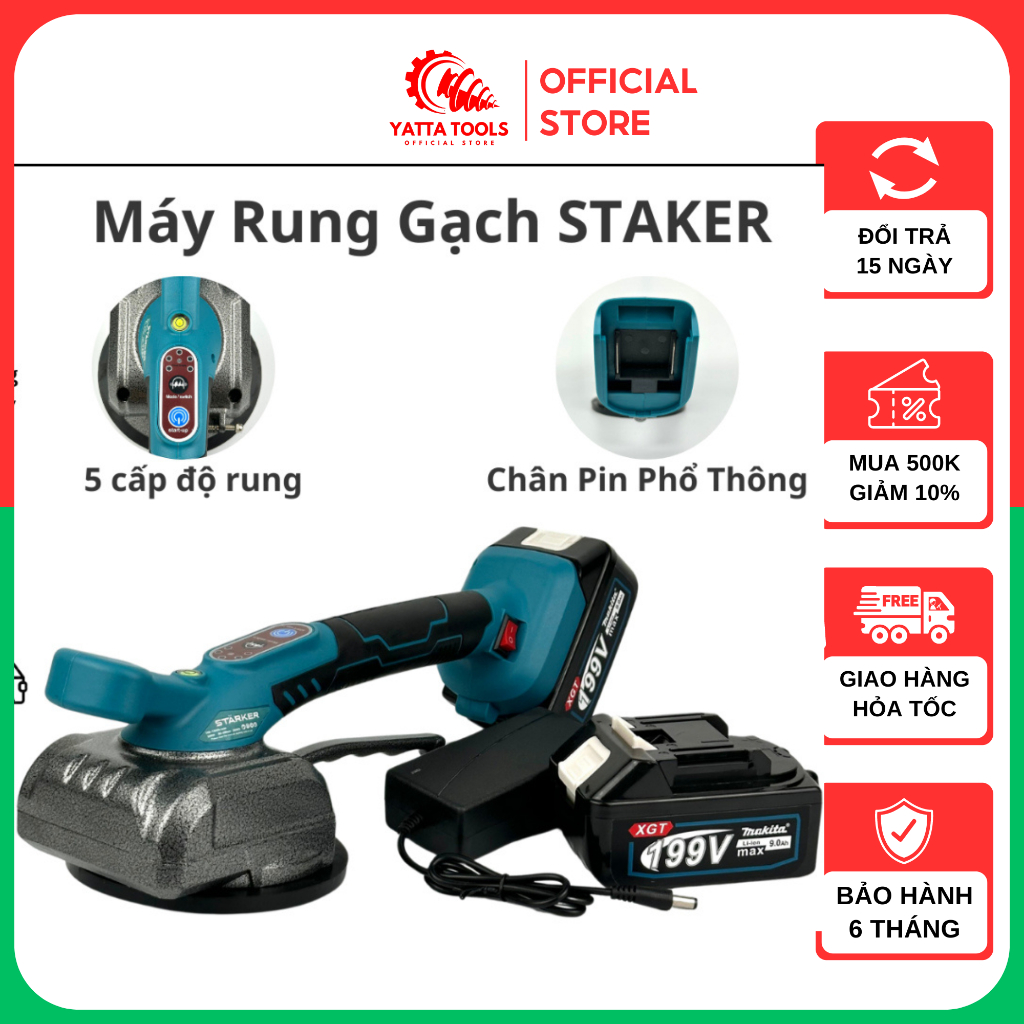 Máy ốp lát gạch men, máy đầm rung dùng pin Makita 18-21V chân phổ thông, nút cảm ứng, 5 cấp tốc rung