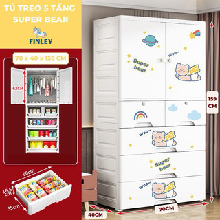 Tủ nhựa cho bé 5 - 6 - 7 tầng FINLEY (SIZE LỚN NGANG 65-70CM) treo quần áo gấu thỏ, khủng long,hổ con, tủ đựng đồ cho bé