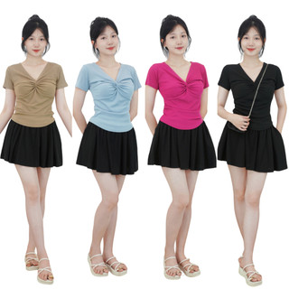 Bộ set áo nhún eo xoắn nơ ngực kèm quần váy màu đen chất thun tăm hàn Jima S16 cho nữ