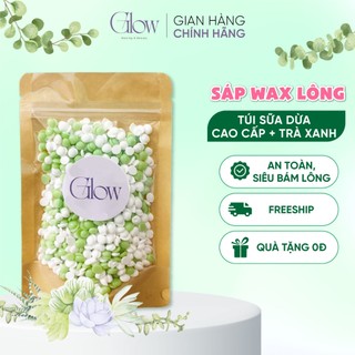  Sáp Wax Lông Nóng Trà Xanh Mix Sữa Dừa Cao Cấp Gói 100Gr GLOWWAXING Siêu Bám Lông Dùng Cho Da Khô Tặng Que CHE TÊN 