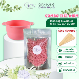 Combo sáp wax lông dừa hồng + chén silicon nấu sáp glowwaxing tiết kiệm tặng que gỗ phết sáp che tên sản phẩm