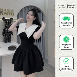 Váy nữ đính nơ cộc tay chất tuyết mưa đầm xoè phối cổ trắng thiết kế tiểu thư sang chảnh Minaca V263