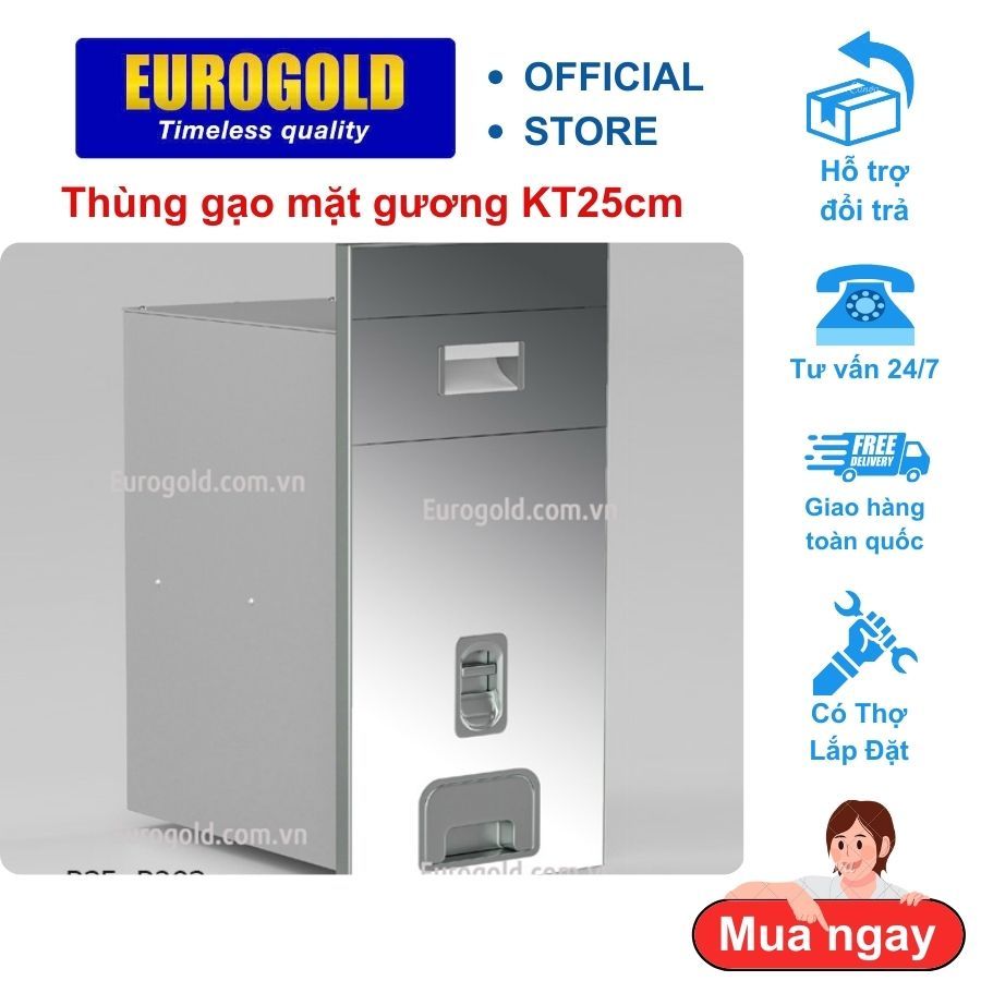 Thùng gạo mặt gương bạc KT250mm, mã B25 Eurogold chính hãng, nút nhấn chứa 15kg gạo