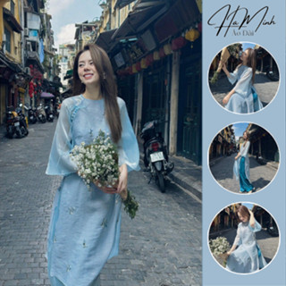 Set Áo dài cách tân chất liệu voan xanh cao cấp thêu thủ công hoạ tiết đính nơ cá tính cho lễ hội, tết - Áo Dài Hà Minh