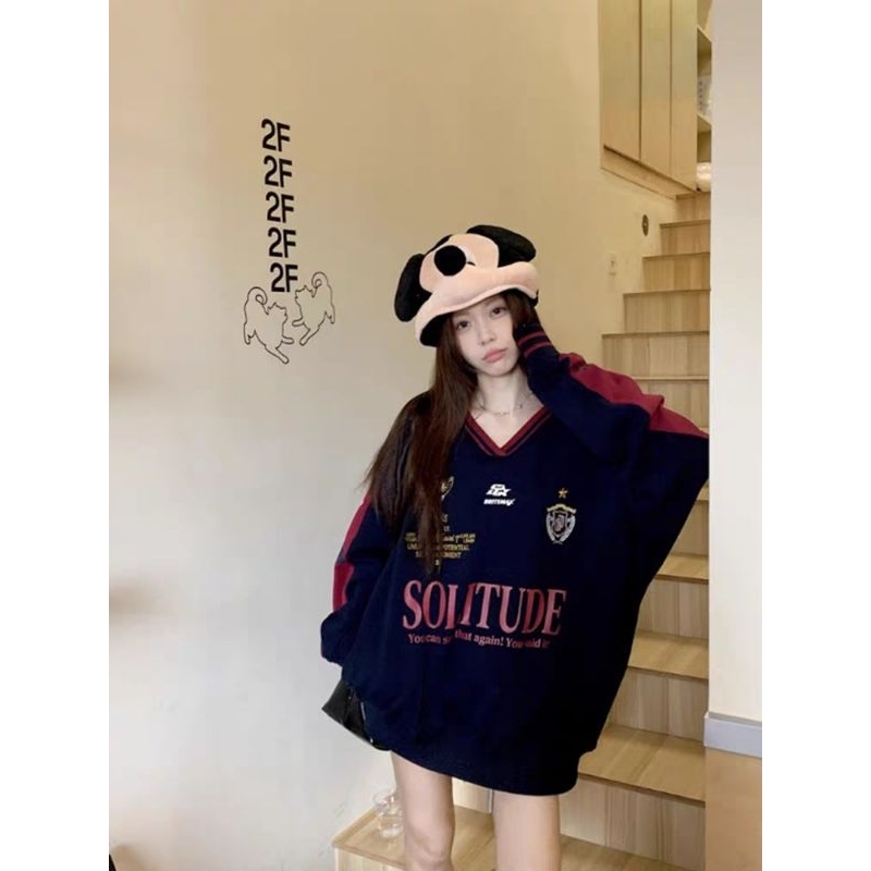 Áo Hoodie cổ V in chữ phong cách Hàn Quốc