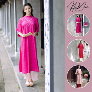 Áo dài dáng suông gấm Thanh Sang vân xoáy cách tân tay lỡ cổ cao 2 tà - Áo Dài Hà Minh