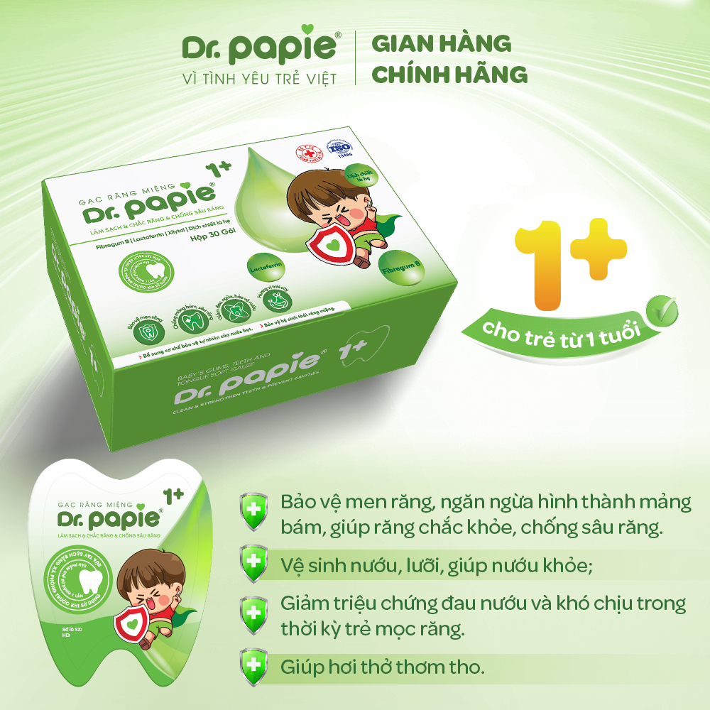 Gạc Rơ Lưỡi DR.PAPIE 1+, Cho Bé Trên 1 Tuổi, Làm Sạch Răng, Lưỡi, Nướu, Phòng Chống Sâu Răng