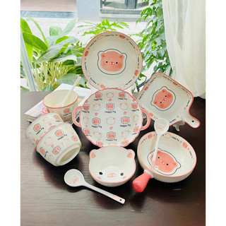 Bộ Bát Đĩa Gốm Sứ Decor, Bát Ăn Cơm, Bát Ăn Chè, Chén Dĩa Dễ Thương Bộ Bát Đĩa Heo Hồng 11 Món xinh yêu