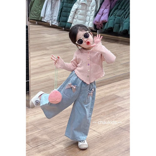  Set áo hồng quần bò xuông nơ bé gái 