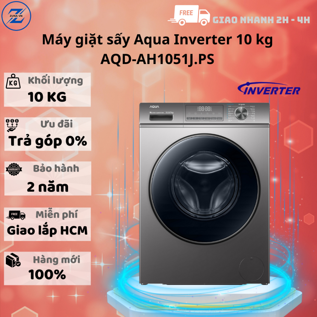Máy giặt sấy cửa trước Inverter Aqua 10KG AQD-AH1051J.PS - Bảo hành 24 tháng - 10KG giặt - 7KG sấy