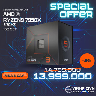 Cpu amd ryzen 9 7950x ( 4.5ghz boost 5.7ghz / 16 nhân 32 luồng / 81mb / am5) [new]